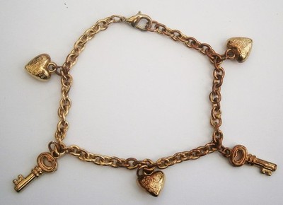 N669) Goldfarbene Herz & Schlüssel Bettelkette Armband 19cm