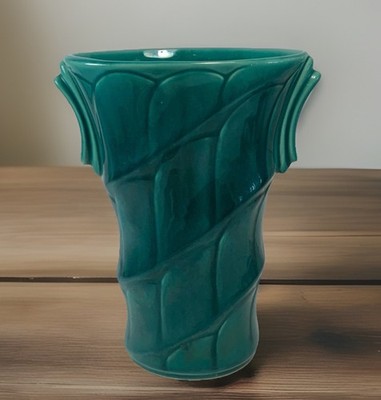 RARE Vintage USA Pottery Peacock Blue Vase Signed 8 in. ( Chip)