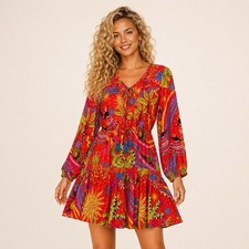 Farm Rio Red Magic Forest Mini Dress XS Beaded Tassel Long Sleeve Boho NWOT