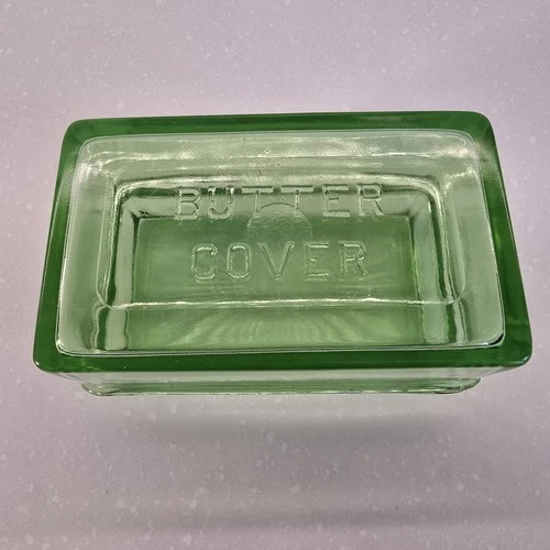 Uranium Green Depression Glass Butter Dish - Butter Cover Top and Bottom