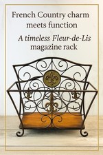 Vintage Wrought Iron Magazine Rack with Scrollwork and Fleur-de-Lis Accents — listing 6