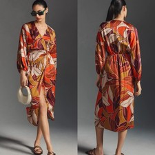Anthropologie Floral Printed Satin Long Sleeve Wrap Midi Dress Tropical Leaf L