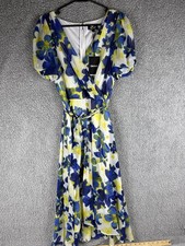 NWT DKNY Floral Dress Blue Yellow Floral Midi With Belt Sz 12