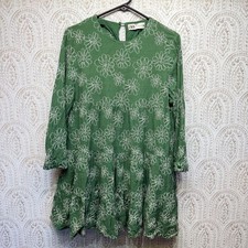 Zara Floral Embroidered Dress Womens Large Green Tiered Mini Long Sleeve Linen