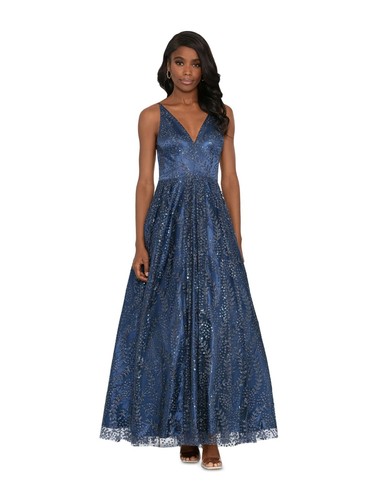 BLONDIE NITES Womens Navy Lace-up Back Lined Sleeveless Gown Dress Juniors 15