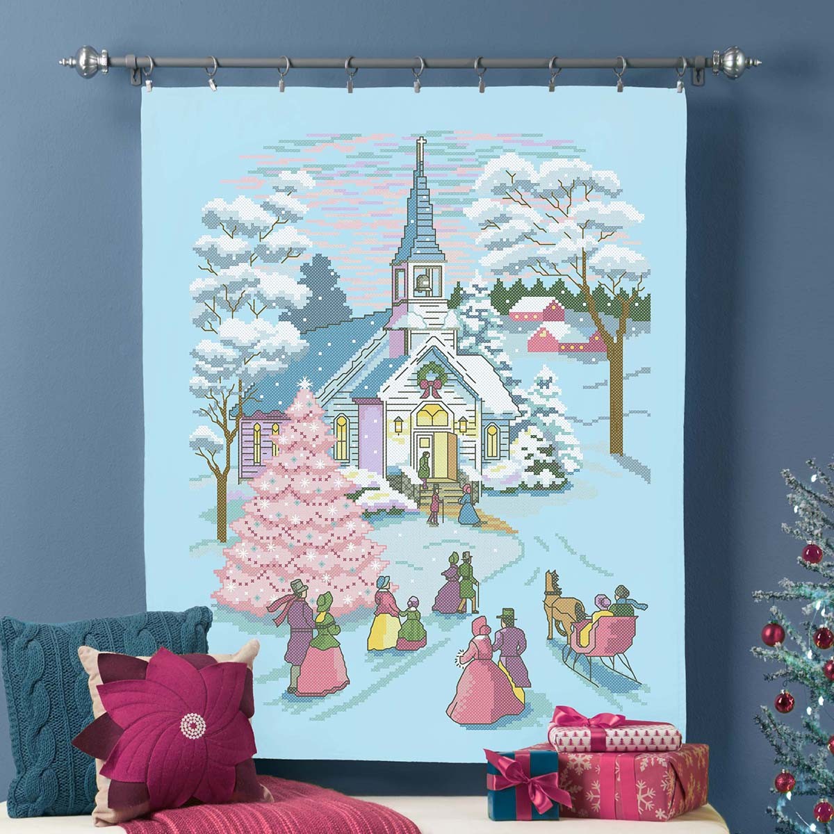 Herrschners&reg; Christmas Morning Chapel Lap Quilt Top Stamped Cross-Stitch Kit
