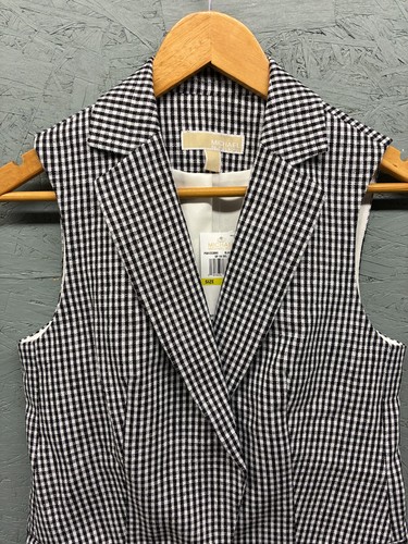 Michael Kors Linen Vest Women’s 4P Black White Gingham Plaid Sleeveless Blazer - Picture 2 of 10