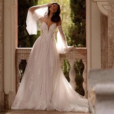 A Line Tulle Wedding Dresses Lace Appliques Backless Detachable Sleeves Bride
