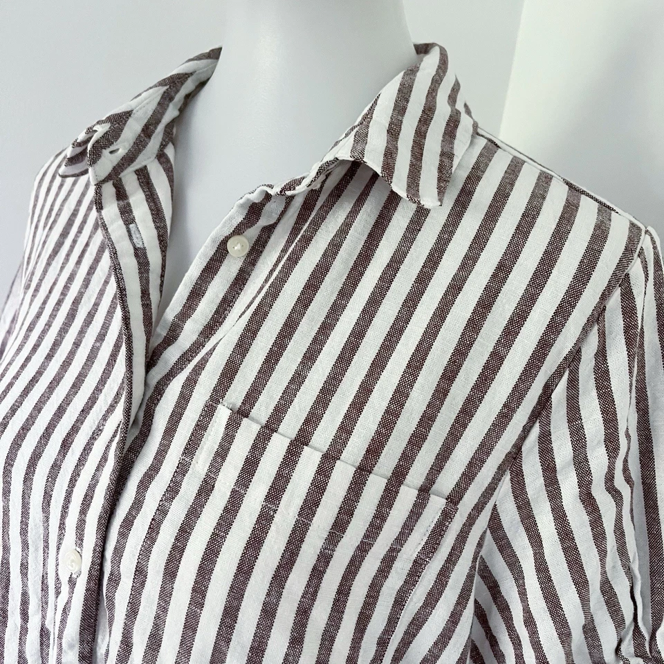Old Navy Puff Sleeve Shirt Dress L Linen Blend Striped Button Up Coastal Beachy - Image 4 of 4