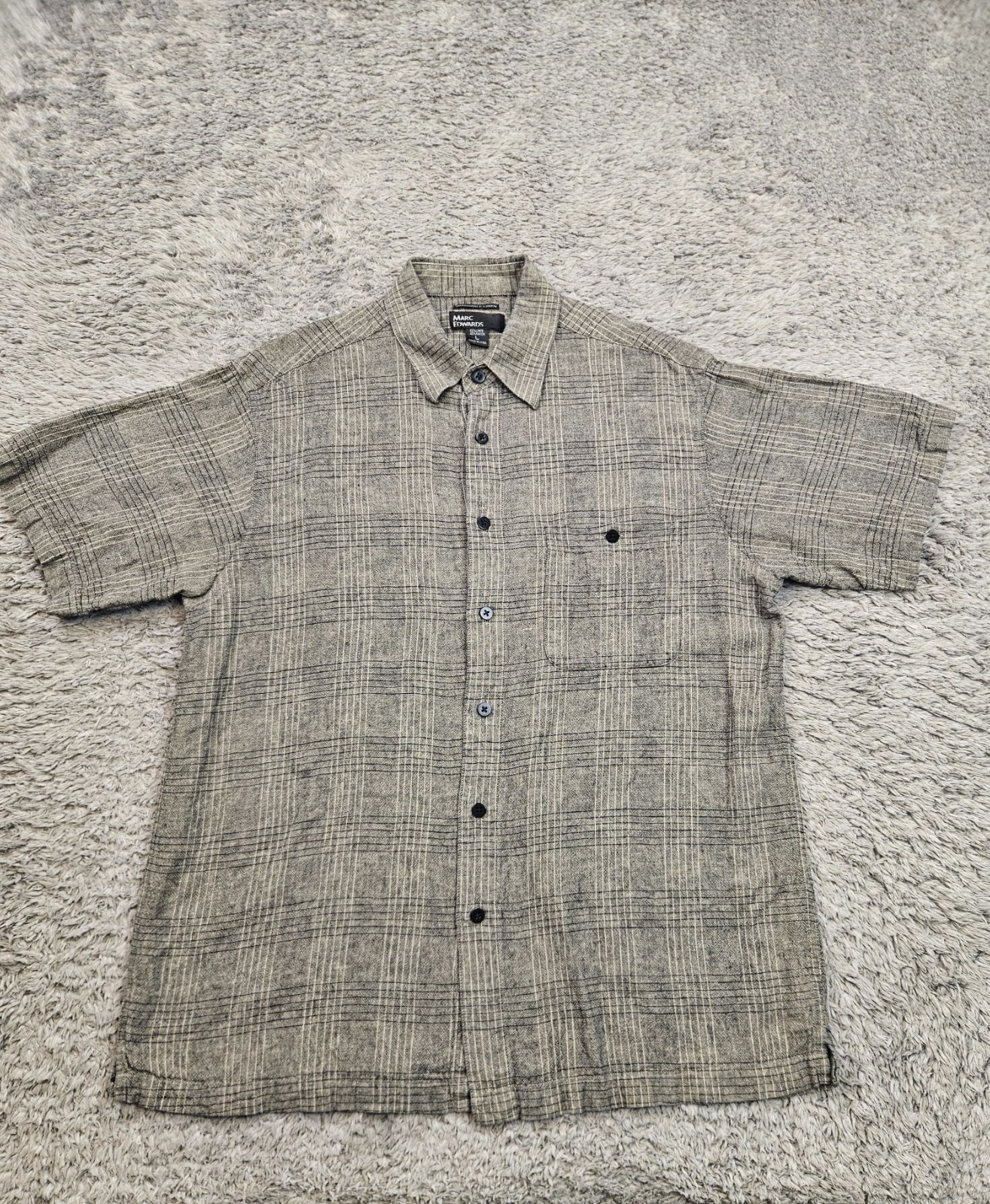 Marc Edwards Shirt Men Large Gray Washable Linen Windowpane Plaid Button Up