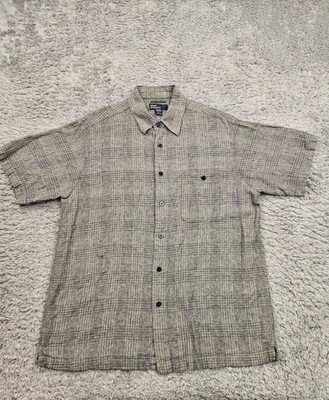 Marc Edwards Shirt Men Large Gray Washable Linen Windowpane Plaid Button Up