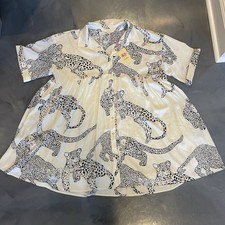 Entro Ivory Leopard Swing Dress Collar Tunic Short Sleeves Babydoll Lined XL