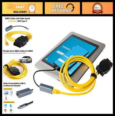 OBD2 ENET Cable + USB Type C for BMW F/G Series, 6.6ft RJ45 E-SYS ISTA+ Compatib