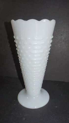VTG  Anchor Hocking 9 3/4" White Milk Glass Hobnail Flower Vase