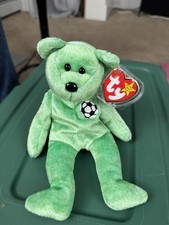 Vintage Ty Beanie Baby Kicks the Soccer Bear Push Toy 1999 8"