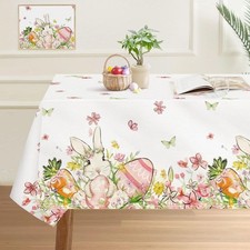 Easter Tablecloth 60 X 84 Inch, Bunny Egg Flowers Happy Easter Table Cloth, Stai