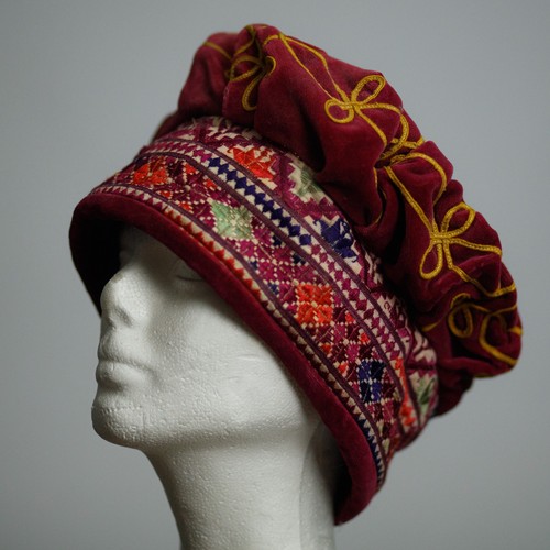 Cappello di Buck rosso velluto fatto a mano hippie bohemien floppy floreale regolabile - Foto 2 di 7
