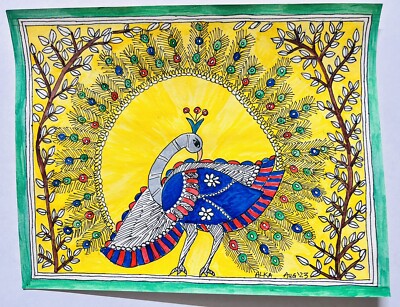 Madhubani painting Peacock India Paper artist signed original 8.5 X 11'' unframed
