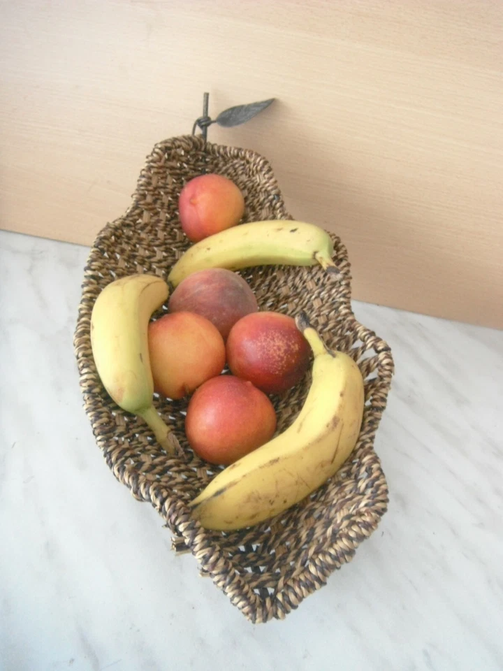 COUPE A FRUITS ROTIN TRESSE PIED FER FORGE FORME DE FEUILLE LONG 43 CM - Photo 1/4