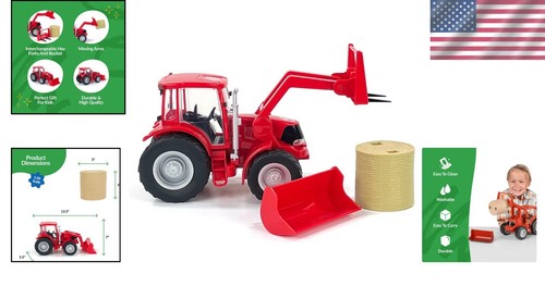 Trattore rosso resistente scala 1:20 con porte funzionanti e balla di fieno per bambini età 3+ - Foto 2 di 9