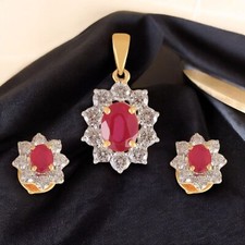 Classy 4,45 Cts Runder Brillant Diamanten Rubin Anhänger Ohrringe Set 14K Gold