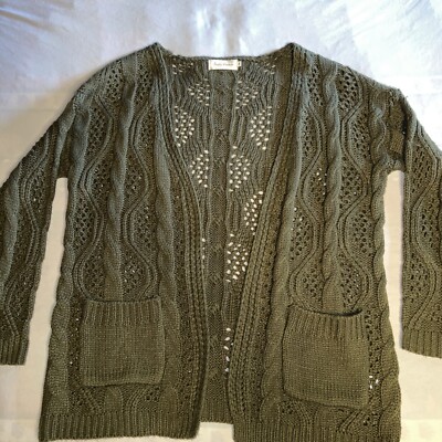 SIMPLY COUTURE Med Cable and Pointelle Knit Cardigan Sweater Green EUC 