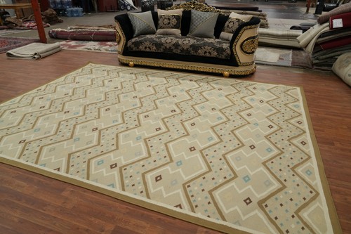 Geometric Beige Kilim Durrie Rugs Flatweave Pile Kelim Carpets 9x12 ft - Picture 3 of 10