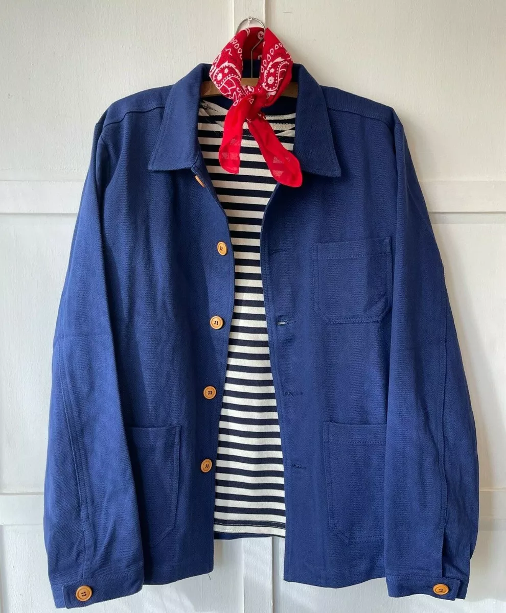 60s Style French Navy Cotton Twill Chore Worker Jacket - Wooden Buttons