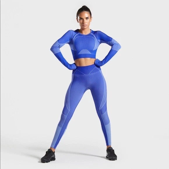 NWT Gymshark Woman's Turbo Seamless Crop Top& Leggings Set Cobalt Blue Sz M