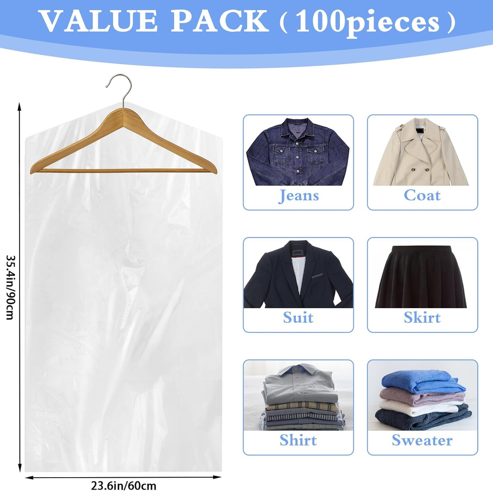 100 Pack Dry Cleaner Bags, Clear Dry Cleaners Plastic Bags for Clothes