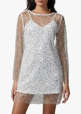 Women's Glitter Mini Dress Sexy Off Shoulder Bodycon Mesh Sheer Dresses Long (L)