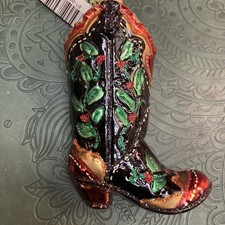 OLD WORLD CHRISTMAS HOLLY BERRY COWBOY BOOT GLASS CHRISTMAS ORNAMENT 32161