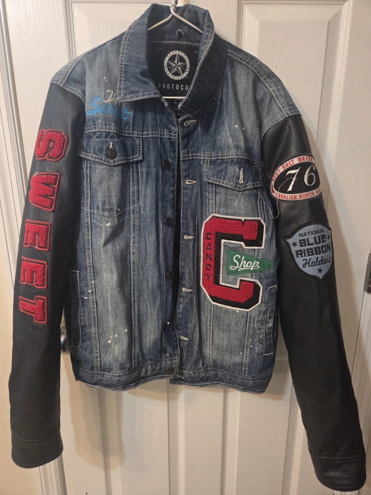 ​Protocol Parish Nation Denim Varsity Jacket 2XL Patched Faux Leather Sleeve Y2K