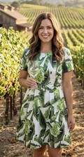 Tea & Cup Los Angeles Boutique Green Leaf Grapes Belted Fit & Flare Dress Sz S