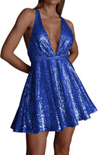 R.Vivimos Royal Blue Sequin Mini Dress Backless Deep V Party M