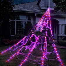 Halloween Spider Web Lights 250 LED 59" Spider 16.4 Ft Web 8 Modes Purple