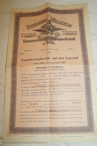 Grosser Friedrich Wilhelm Lebensversicherung Billet 09.12.1922 Linnich Berlin - Foto 2 di 7
