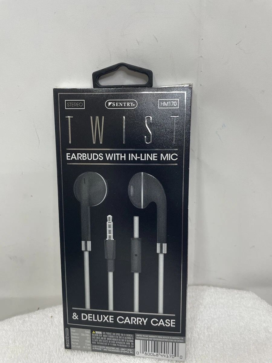 Sentry Twist Earbuds w Inline Mic 3.5mm Aux Carrying Case Gray