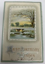 Best Birthday Wishes Postcard Winter Lake Scene Made In USA