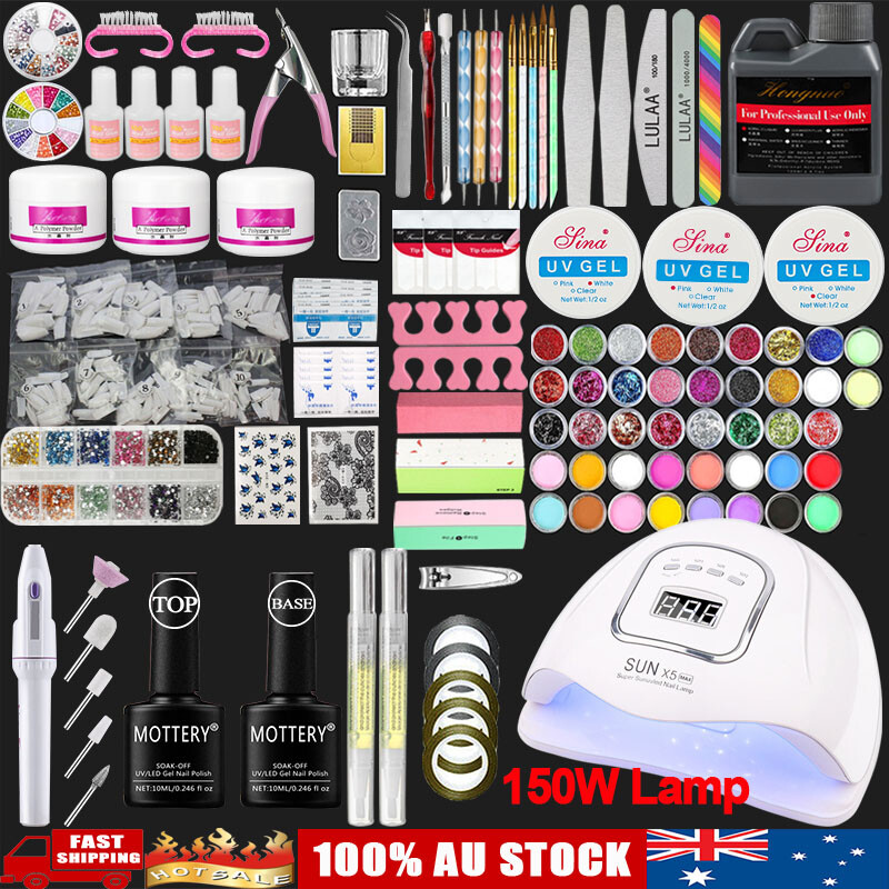 Full Nail Art Kit 150W UV Lamp Gel Acrylic Powder Liquid Glitter Manicure DIY eBay