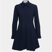 Stella McCartney Dress Collar Pleated Fit and Flare Button Down in Navy