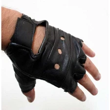 Fingerless Leather Gloves with Wrist Strap Wheelchair Gym Workout Training Sport