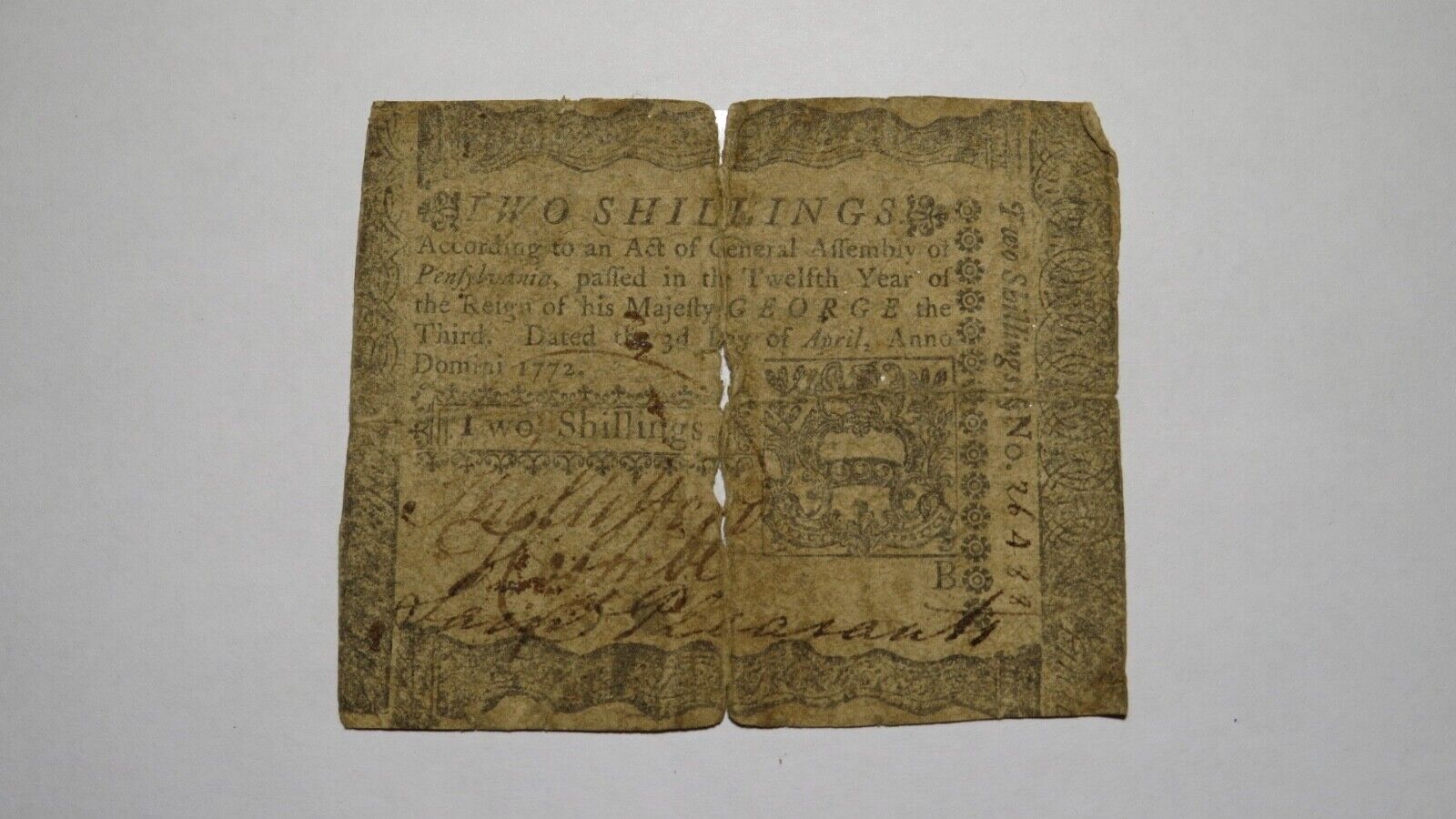 1772 Two Spasm Tucson Mall price Shillings Pennsylvania PA Currency B Colonial Note Bank
