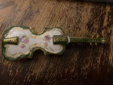 Vintage France Limoges Porcelain 10" Trinket Box Violin - Gold White and Green