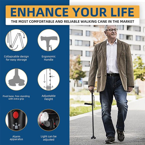 Elder Folding Walking Stick Walking Cane Height Adjustable LED Light Alarm - Imagen 11 de 15