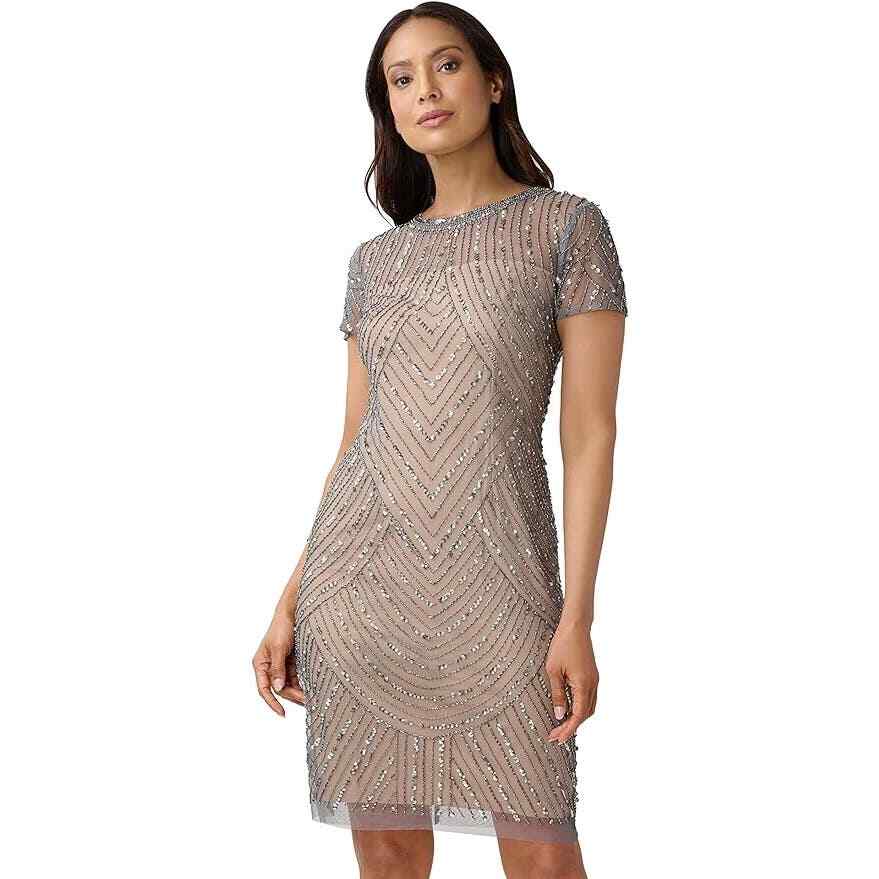 adrianna papell short beaded dress Adrianna Papell Beaded Floral Midi Dress Biscotti / 12