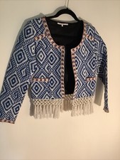 Tularosa S Jacket Santa Fe Fringe Aztec Embroidered Blue & Cream Blazer Boho