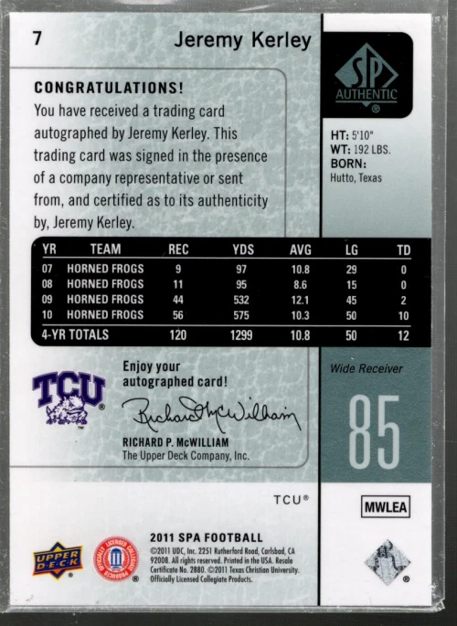 B3818- 2011 SP Authentic Autographs #7 Jeremy Kerley C Auto SAMPLE PIC - Image 2 of 2