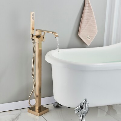Floor Mounted Bathtub Faucet Brushed Gold Freestanding Tub Filler W/Handheld
