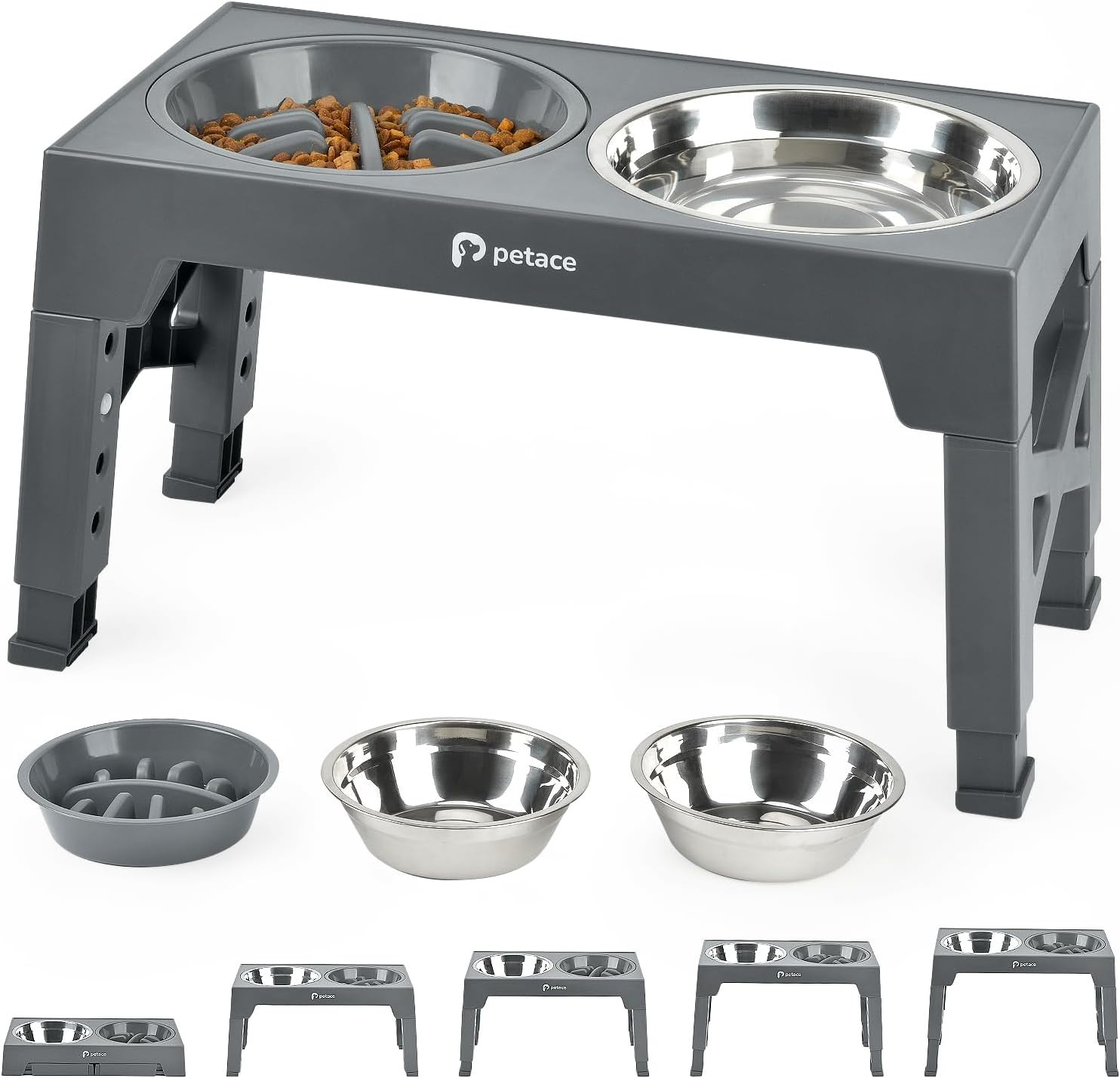 Supporto Ciotole Cani Rialzato 5 Altezze - Ciotole Inox 1200ml x2